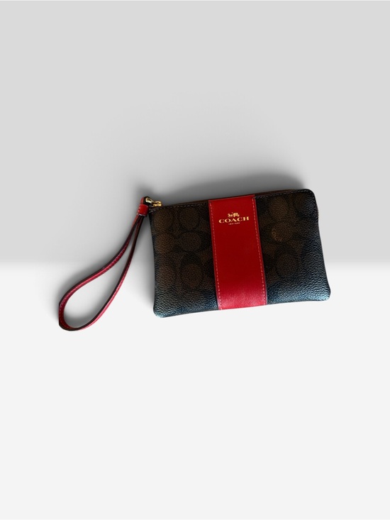 Coach Handbags - Coach Brown Signature Wristlet with Red Center Stripe